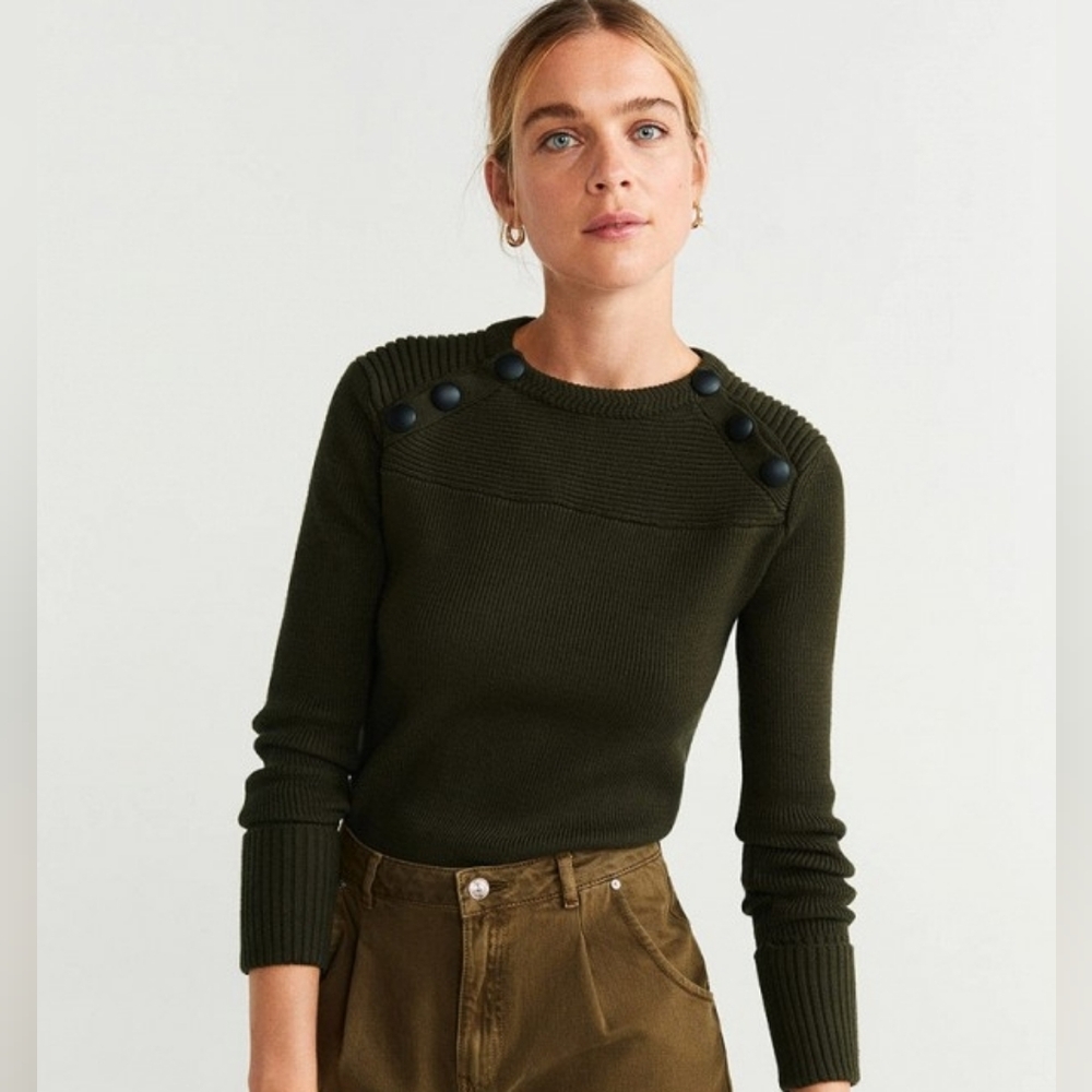 Mango Casual Military Crew Neck Sweater in Deep Olive